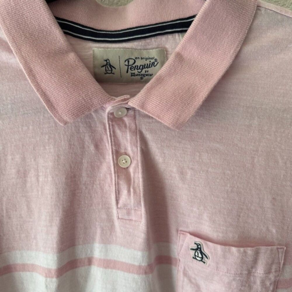 Original Penguin Men's XL Pink Striped Golf Polo Shirt With Penguin Logo